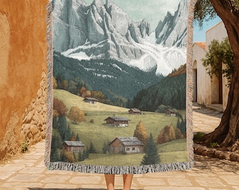 Mountain Landscape 100% Cotton Woven Blanket, Nature Scenery Throw Blanket, Cabin Life Woven Blanket, Outdoor Hiking Blanket, Rustic Home