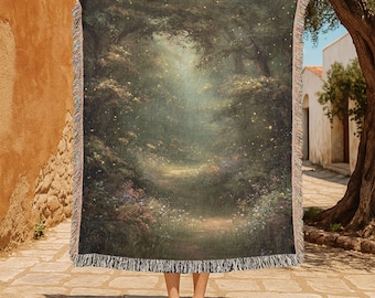 Enchanted Forest 100% Cotton Woven Blanket, Cottagecore Throw For Nature Lover, Fairycore Tapestry Blanket For Book Lover Hobby Gift Throw