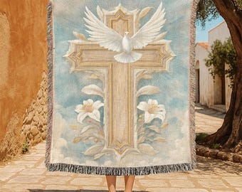 Christian 100% Cototn Woven Blanket, Religious Throw Blanket, Faith Prayer Tapestry, Sympathy Gift, Easter Baptism Blanket, Memorial