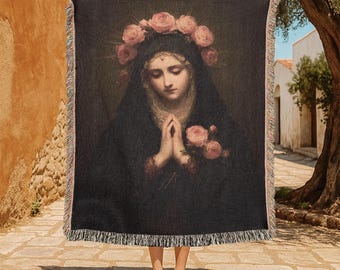 Virgin Mary 100% Cotton Woven Blanket, Catholic Gift For Mom Throw Blanket, Religious Decor, Blessed Mother Faith Tapestry, Prayer Room