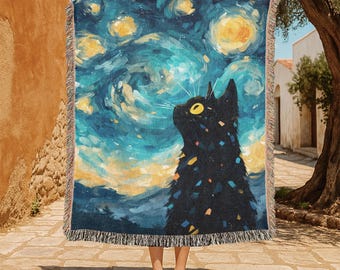 Black Cat 100% Cotton Woven Blanket, Art Lover Gift Woven Throw, Fan Throw Blanket, Cat Mom Birthday Gift Woven Blanket Decor, Woven Blanket