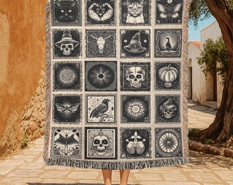 Gothic 100% Cotton Woven Blanket, Witchy Halloween Throw Blanket, Occult Tapestry, Dark Academia Bedding, Pagan Throw, Witchcraft Hobby