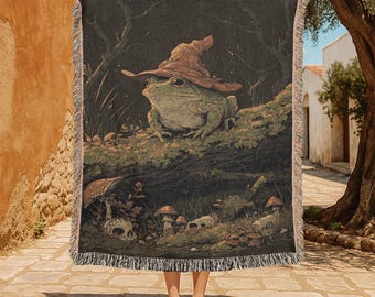 Koc z motywem żaby i wiedźmy, tkany w 100% z bawełny, ciemny gobelin Cottagecore, koc z leśnym motywem fantasy, rustykalny wystrój domu w stylu „Przyjaciele”