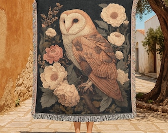Barn Owl 100% Cotton Woven Blanket, Floral Owl Woven Throw, Bird Watcher Gift Tapestry, Nature Lover Blanket, Cottagecore Housewarming