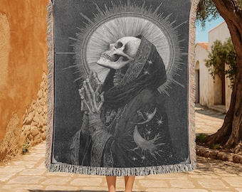 Praying Skeleton 100% Cotton Woven Blanket, Santa Muerte Religious Woven Throw, Gothic Hobby Gift For Friend, Memento Mori Saying Tapestry