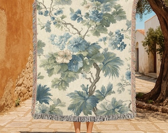 Vintage Botanical 100% Cotton Woven Blanket For Cottagecore Home Decor, Floral Farmhouse Throw Blanket, Aesthetic Garden Art Tapestry Gift.