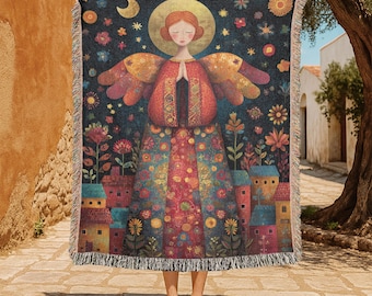 Manta tejida de algodón 100% con ángel de la guarda, regalo cristiano de condolencia, arte espiritual para mamá, tapiz decorativo de arte popular con ángel rezando