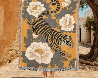 Tiger Floral 100% Cotton Woven Blanket, Animal Woven Blanket, Nature Lover Woven Blanket, Exotic Wildlife Woven Blanket, Botanical Blanket