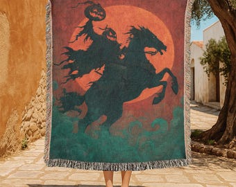 Kopfloser Reiter Halloween 100% Baumwolle gewebte Decke, Kürbisreiter gewebte Decke, gruselige Halloween-Dekor gewebte Decke, gruselige Herbstsaison