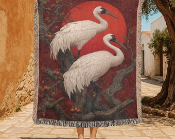 Manta de algodão 100% com estampa de garças brancas, manta decorativa com tema da natureza e vida selvagem, ideal para amantes de animais, decoração inspirada na arte asiática.