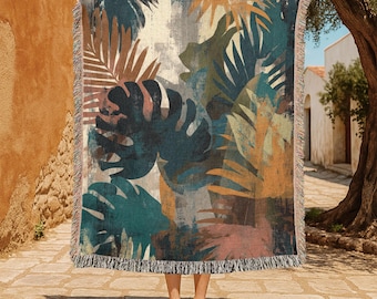 Tropical Leaf 100% Cotton Woven Blanket, Nature Inspired Woven Throw Blanket, Botanical Home Decor Woven Blanket, Relaxation Hobby Blanket