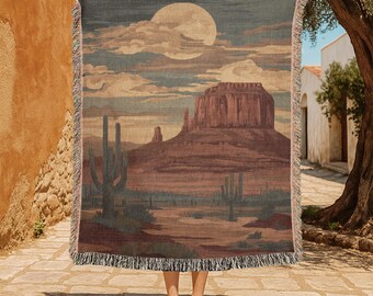 Südwestliche Wüstenlandschaft 100% Baumwolle gewebte Decke, Western-Szenische Decke, südwestliche Naturkunstdecke, Kaktus-Mond-Wüste.