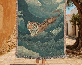 Manta tejida 100% algodón con diseño de majestuoso tigre en olas del océano, manta artística con motivos de fauna salvaje para amantes de los animales, decoración artística inspirada en la naturaleza con tigres, llamativa.