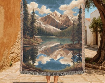 Mountain Lake 100% Cotton Woven Blanket, For Hiker And Camper Woven Throw, Nature Lover Gift Tapestry, Rustic Cabin Decor Couch Blanket.