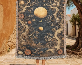 Witchy Celestial Moon 100% Cotton Woven Blanket, Dark Academia Decor Woven Throw, Pagan Astrology Gift Tapestry Blanket, Goblincore Fantasy