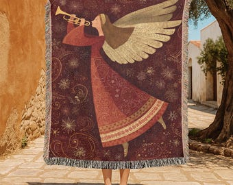 Manta tejida religiosa navideña 100% algodón, tapiz tejido de ángel con trompeta, regalo navideño cristiano para mamá, manta decorativa para el hogar con temática religiosa.