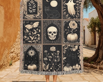Halloween Gothic Skull 100% Cotton Woven Blanket, Woven Throw Blanket, Autumn Pumpkin Blanket, Witches Cat Blanket, Spooky Ghost Blanket