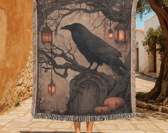 Gothic Raven 100% Cotton Woven Blanket, Halloween Decor Woven Blanket, Autumn Atmosphere Woven Blanket, Spooky Night Woven Blanket, Pumpkin