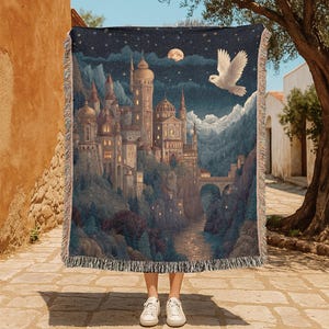 Magic School Fan 100% Cotton Woven Blanket, Fantasy Reader Gift Throw Blanket, Book Lover Hobby Woven Blanket, Wizard Castle Art Tapestry