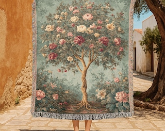 Tree Of Life 100% Cotton Woven Blanket, Gardener Gift Throw Blanket, Cottagecore Tapestry Blanket, Art Lover Gift , Vintage Floral Blanket