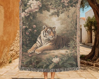 Vintage Tiger Painting 100% Cotton Woven Blanket, Floral Jungle Animal Lover Gift Throw Blanket, Classic Nature Tapestry, Maximalist Decor
