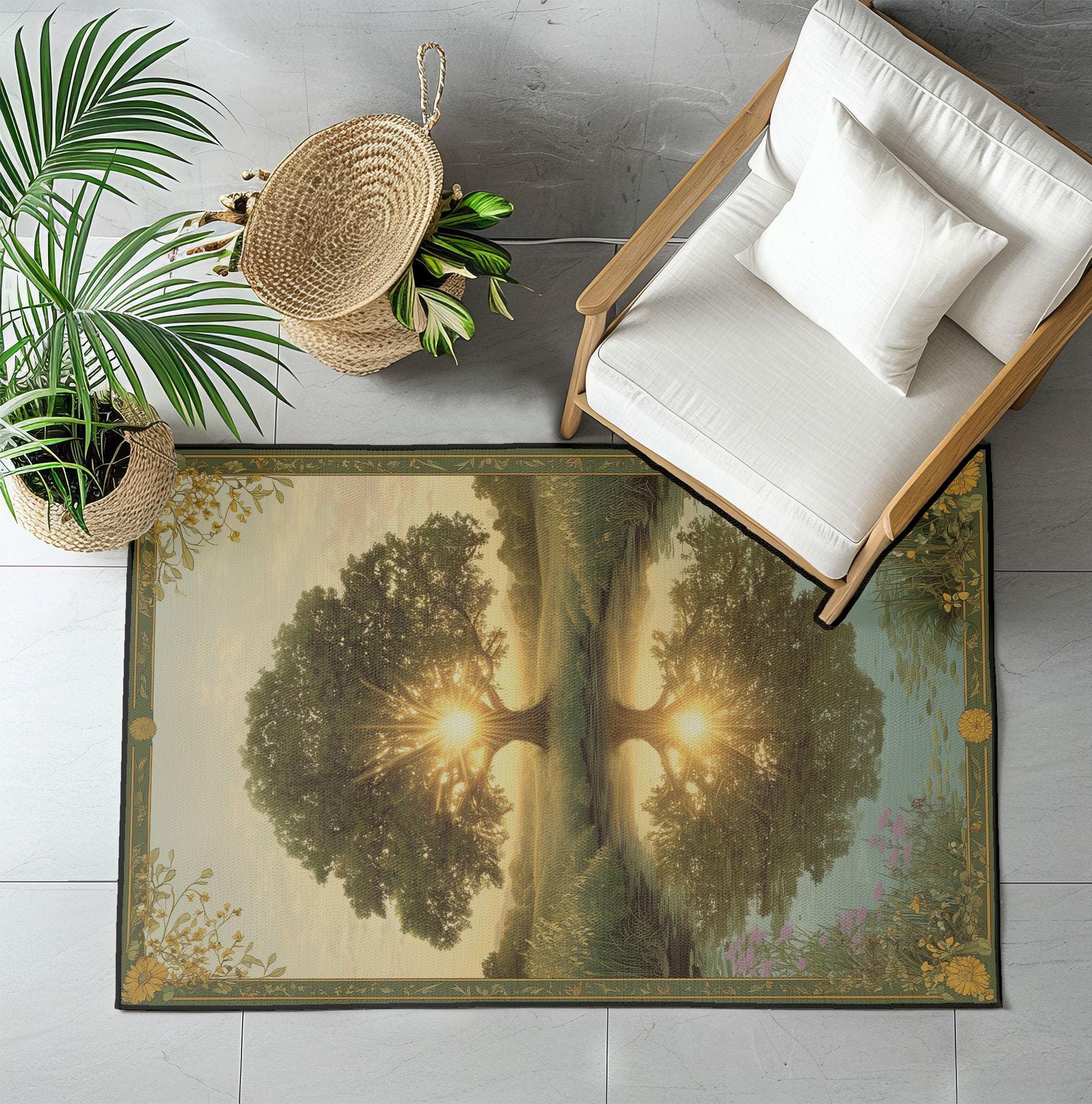 Tree of Life Rug, Nature Landscape Area Rug, Sunburst Forest Floor Mat ...
