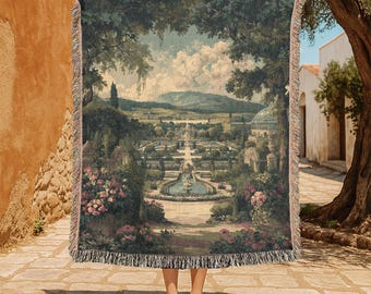 Vintage Garden Landscape 100% Cotton Woven Blanket, Scenic Nature Throw Woven Blanket, Peaceful Outdoors Decor Woven Blanket, Travel