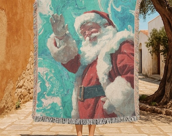 Santa Claus Christmas 100% Cotton Woven Blanket, Holiday Throw For Family, Festive Xmas Tapestry, Christian Religion Gift, Santa Collector.