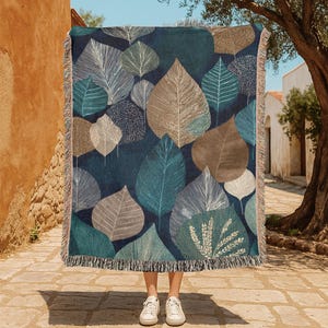Nature Inspired 100% Cotton Woven Blanket, Botanical Leaf Throw Blanket, Outdoor Adventure Blanket, Eco Friendly Home Decor Blanket, Nature