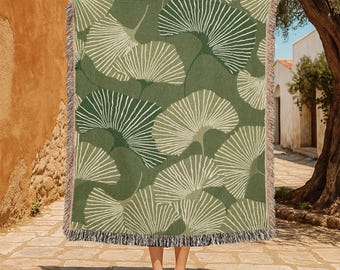 Elegant Nature Inspired 100% Cotton Woven Blanket, Organic Leaf Pattern Woven Blanket, Outdoor Nature Lover Woven Blanket, Eco Friendly