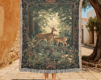Hirsch-Liebhaber-Geschenk 100% Baumwolle gewebte Decke, Waldtier gewebter Wandteppich, Naturliebhaber Paar Geschenk, rustikale Cabin Decor gewebte Decke