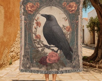 Gotische woondecoratie, geweven deken van 100% katoen, Dark Academia Cottagegore geweven plaid, wandtapijtdeken als cadeau voor ravenliefhebbers, heksenachtige Halloween-decoratie