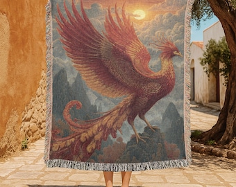Majestic Phoenix 100% Cotton Woven Blanket, Fantasy Art Throw Blanket, Mythical Bird Tapestry, Unique Home Decor Gift, Rebirth Symbolism.