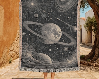 Astronomy Lover 100% Cotton Woven Blanket, Celestial Space Throw Blanket, Scientist Birthday Gift Woven Tapestry, Vintage Planets Hobby.