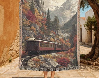 Vintage Train 100% Cotton Woven Blanket, Autumn Mountain Throw, Scenic Railroad Blanket, Nature Landscape Decor, Cozy Travel Gift For Friend