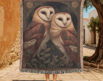 Mystical Barn Owl Couple 100% Cotton Woven Blanket, Celestial Owl Throw Blanket, Nature Lover Gift Blanket, Aesthetic Home Decor Tapestry.