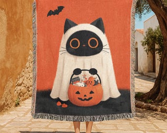ハロウィン猫柄 綿100％織りブランケット、トリックオアトリートブランケット、不気味な幽霊猫ブランケット、子供用ハロウィンブランケット、秋のブランケット、かわいい