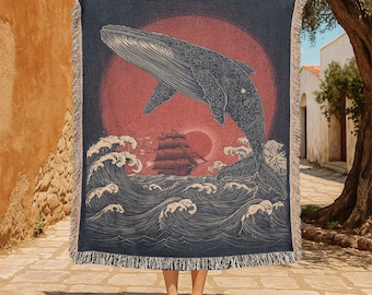 Nautical Whale And Ship 100% Cotton Woven Blanket, Ocean Adventure Tapestry Blanket, Vintage Sea Life Throw, Fantasy Marine Woven Throw.