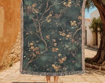 Vintage Floral Botanical 100% Cotton Woven Blanket, Nature Lover Woven Blanket, Garden Inspired Woven Blanket, Relaxation Hobby Blanket