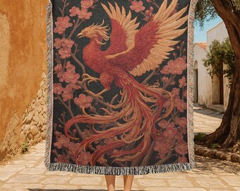 Phoenix Mythical Bird 100% Cotton Woven Blanket, Fantasy Animal Folding Blanket, Nature Inspired Flying Bird Throw Blanket, Mystical Blanket