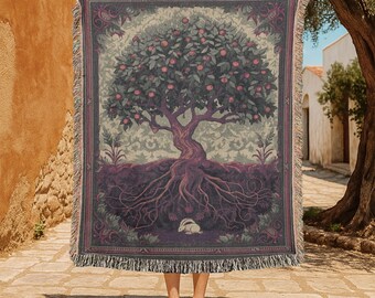 Tree Of Life 100% Cotton Woven Blanket, Mythology Lover Gift Tapestry, Pagan Spiritual Sofa Throw, Wiccan Home Decor Blanket, Woodland Decor