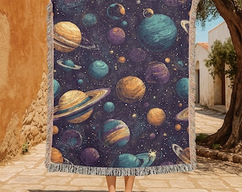 Outer Space Planets 100% Cotton Woven Blanket, Galaxy Woven Throw, Gift For Astronomer, Celestial Stargazer Woven Blanket, Science Lover.