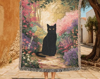 Black Cat Garden 100% Cotton Woven Blanket, Cat Lover Gift Woven Tapestry, Cottagecore Floral Throw, Vintage Art Pet Owner Gift Gardener