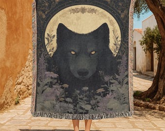 Wolf Lover Gift 100% Cotton Woven Blanket, Spirit Animal Decor Woven Tapestry, Celestial Moon Gothic Throw Blanket, Witchy Pagan Friend Gift