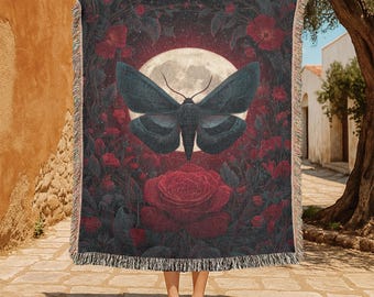 Mystical Moonlight Moth 100% Cotton Woven Blanket, Nature Lover's Woven Blanket, Floral Gothic Design Woven Blanket, Nightlife Enthusiast