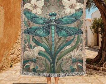 Manta tejida de algodón 100% con diseño de libélulas, manta tejida botánica, manta tejida floral, manta tejida con arte de insectos, manta para amantes de la jardinería.