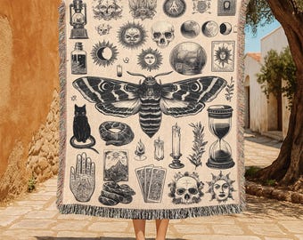 Witchcraft Decor 100% Cotton Woven Blanket, Occult Art Woven Throw, Tarot Reader Gift Tapestry, Dark Academia Woven Blanket, Gothic Home