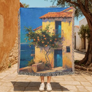 Italy Vacation Souvenir 100% Cotton Woven Blanket, Art Lover Gift Woven Throw, Mediterranean Home Decor Tapestry, Housewarming Gift Blanket