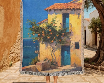 Italy Vacation Souvenir 100% Cotton Woven Blanket, Art Lover Gift Woven Throw, Mediterranean Home Decor Tapestry, Housewarming Gift Blanket