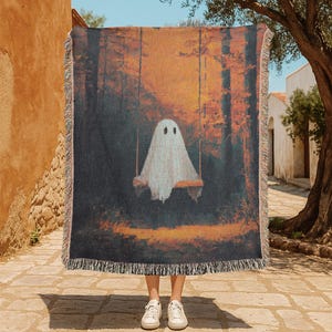 TitleSpooky Ghost 100% Cotton Woven Blanket, Halloween Holiday Tapestry, Friend Gift Throw Blanket, Autumn Hobby Art, Gothic Home Decor